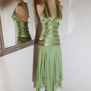 Bcbgmaxazria green satin chiffon dress
